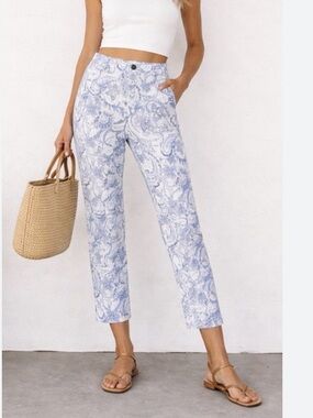Zara White and Light Blue Paisley Pants